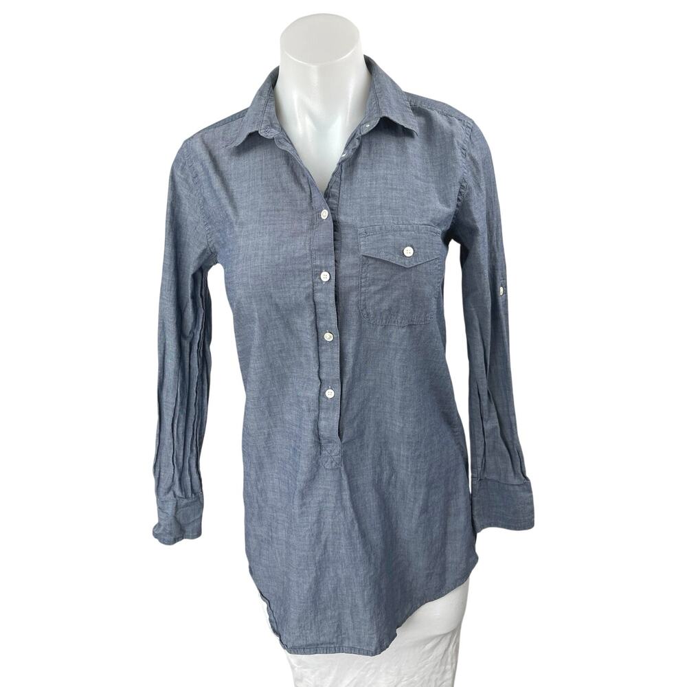 J.Crew Women's Blue Chambray Button Front Long Sleeve Tunic Shirt Top Size XXS